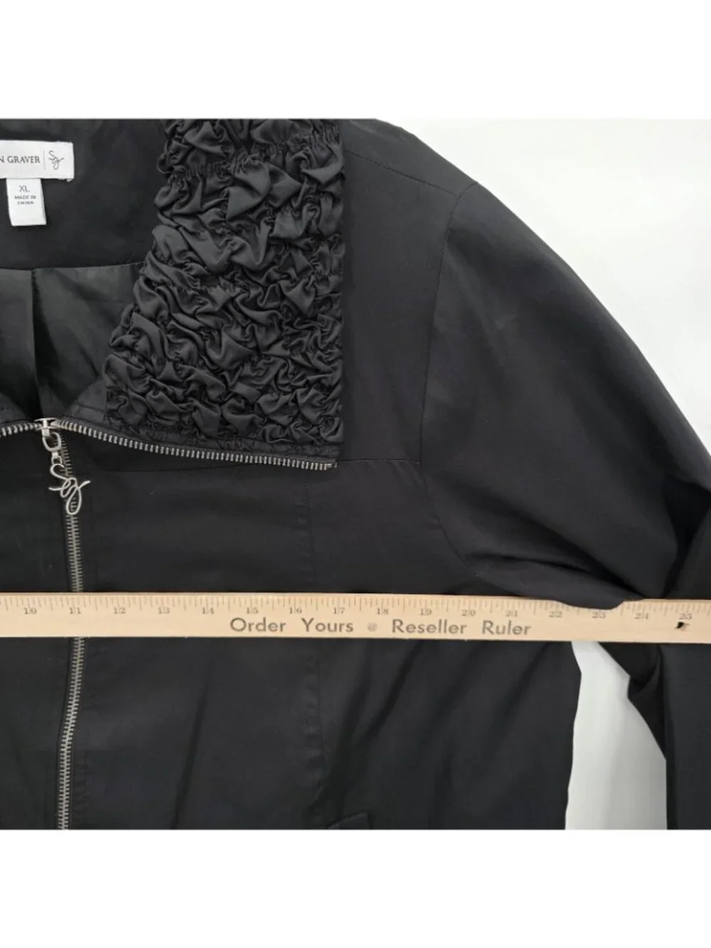 Susan Graver Jacket Womens XL Black Ruched Collar Zip Lightweight Travel Chic